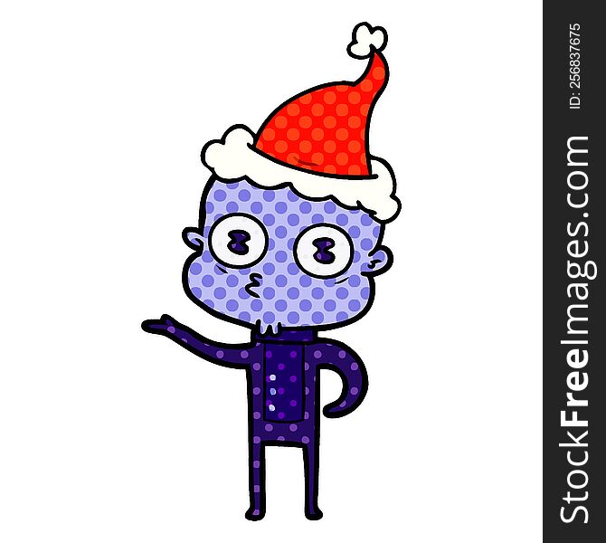 Comic Book Style Illustration Of A Weird Bald Spaceman Wearing Santa Hat