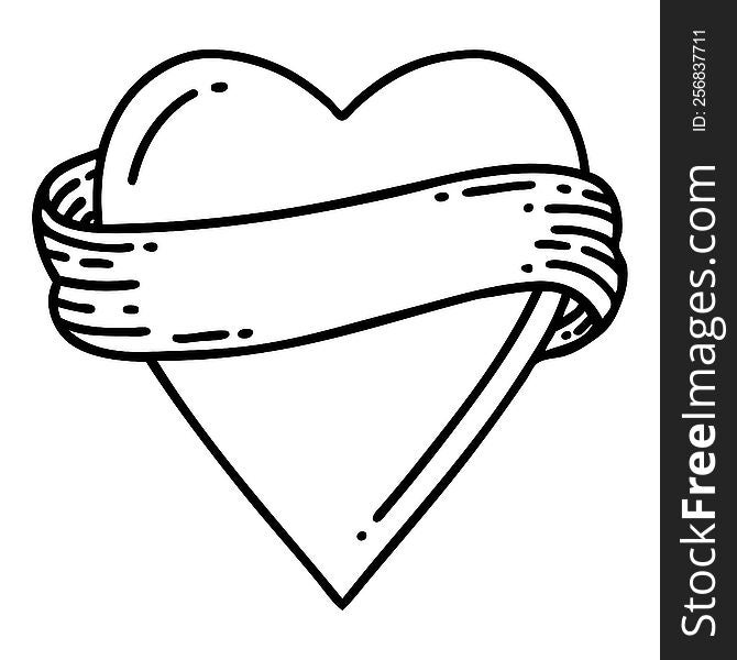 Black Line Tattoo Of A Heart And Banner