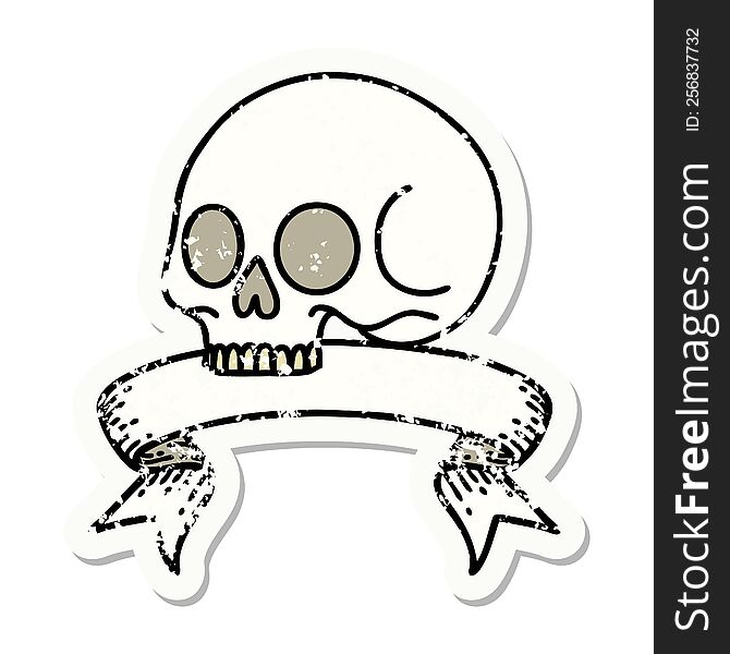 Grunge Sticker With Banner Of A Skull
