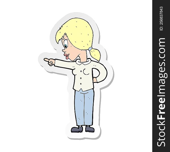 sticker of a cartoon enthusiastic woman pointing