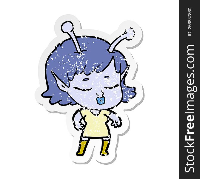 distressed sticker of a cute alien girl cartoon