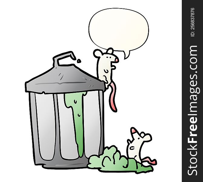cartoon old metal garbage can with mice with speech bubble in smooth gradient style. cartoon old metal garbage can with mice with speech bubble in smooth gradient style