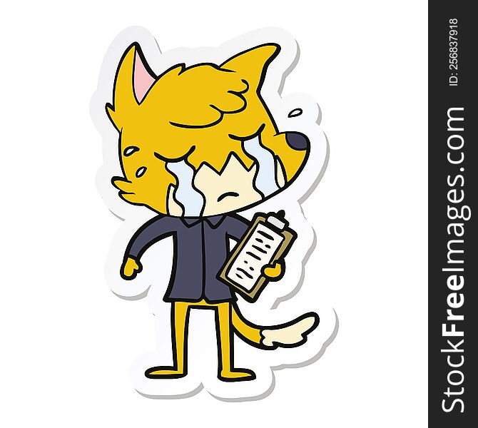 Sticker Of A Crying Business Fox Cartoon