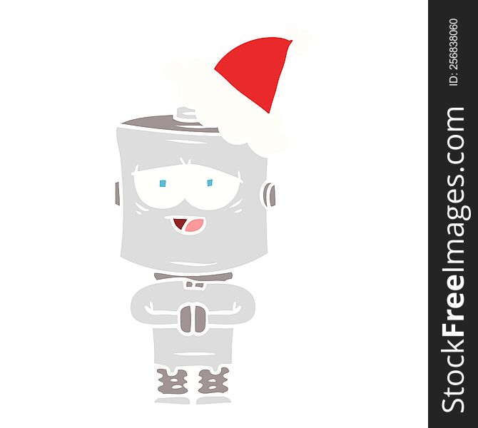 Flat Color Illustration Of A Robot Wearing Santa Hat