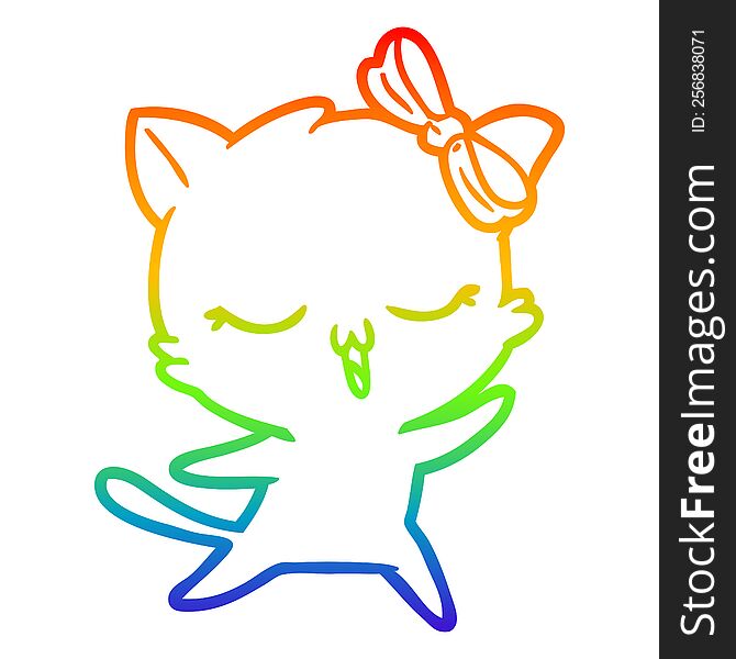 Rainbow Gradient Line Drawing Cartoon Dancing Cat With Bow On Head
