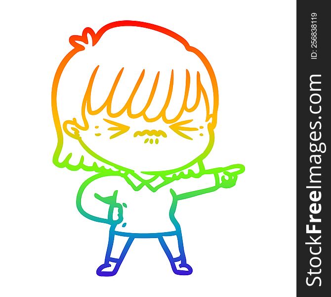 rainbow gradient line drawing of a annoyed cartoon girl pointing