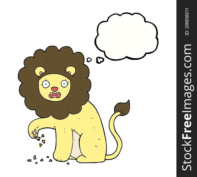 thought bubble cartoon lion with thorn in foot