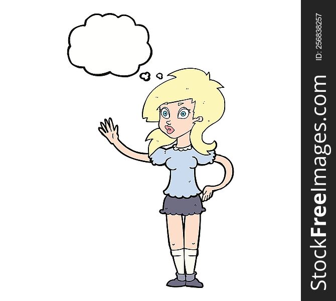 cartoon pretty woman waving for attention with thought bubble