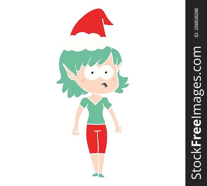 hand drawn flat color illustration of a elf girl staring wearing santa hat