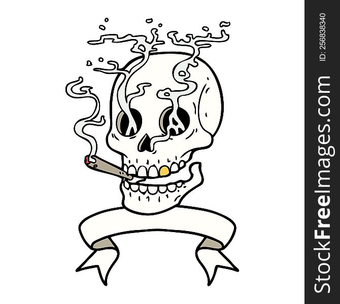 Tattoo With Banner Of A Skull Smoking