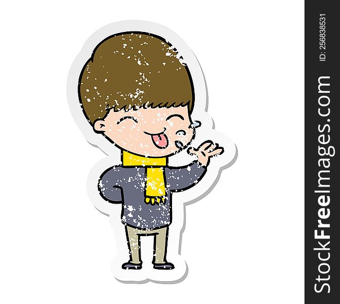 distressed sticker of a cartoon boy sticking out tongue