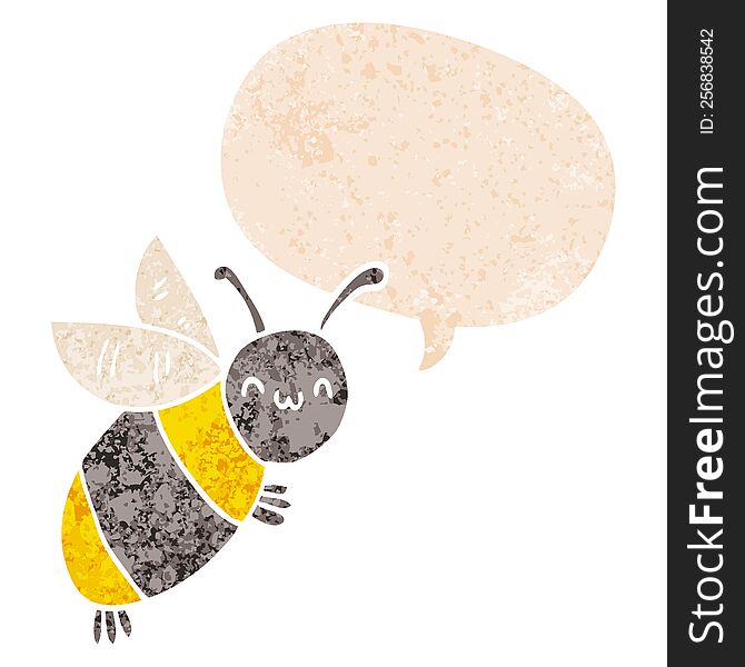 Cute Cartoon Bee And Speech Bubble In Retro Textured Style