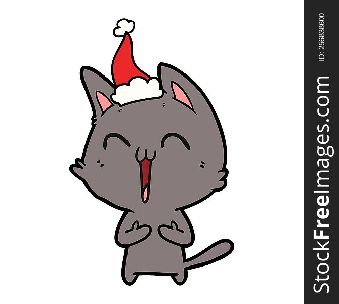 Happy Line Drawing Of A Cat Wearing Santa Hat