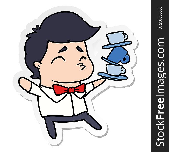 sticker cartoon illustration of a kawaii cute waiter. sticker cartoon illustration of a kawaii cute waiter