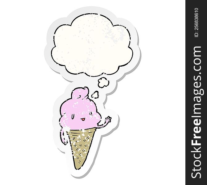 Cute Cartoon Ice Cream And Thought Bubble As A Distressed Worn Sticker