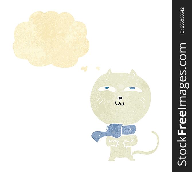 Cartoon Funny Cat Wearing Scarf With Thought Bubble