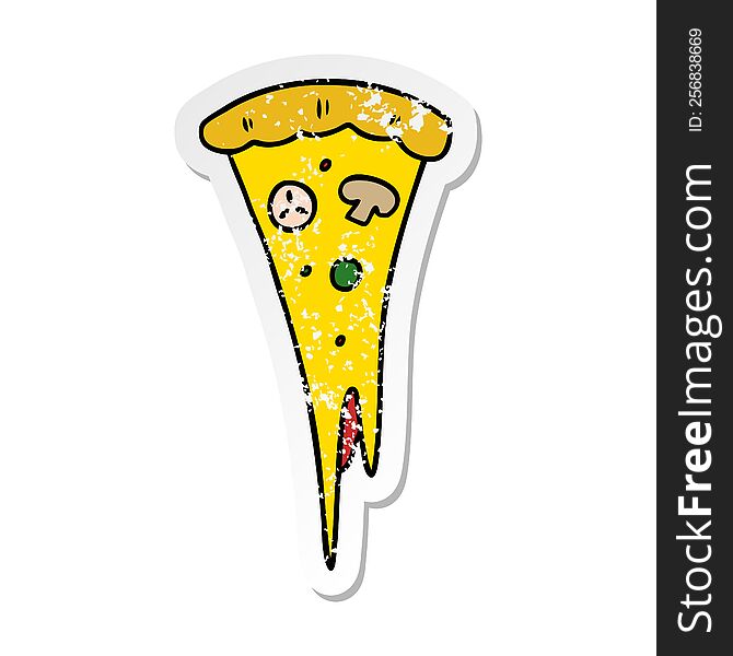 distressed sticker cartoon doodle of a slice of pizza