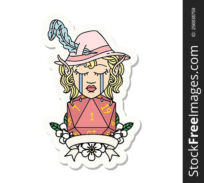 Crying Elf Bard Character With Natural One D20 Roll Sticker