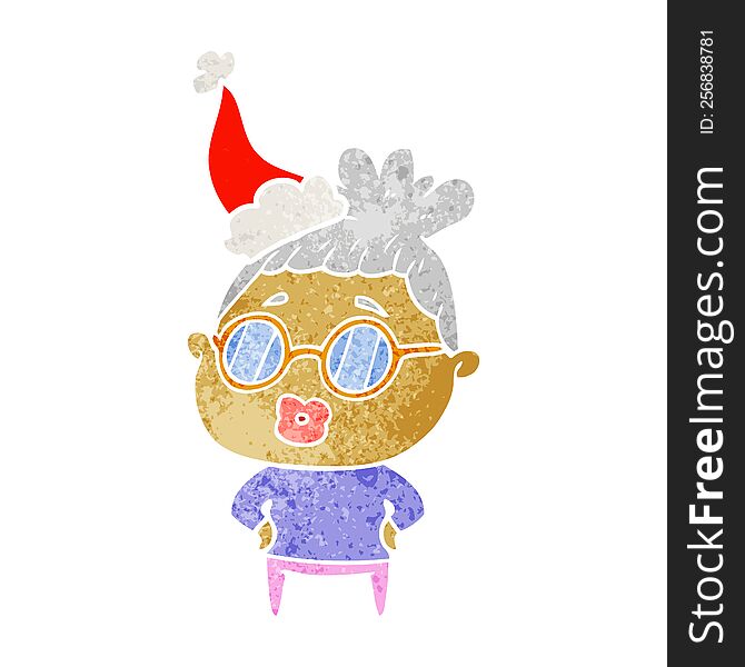 hand drawn retro cartoon of a librarian woman wearing spectacles wearing santa hat