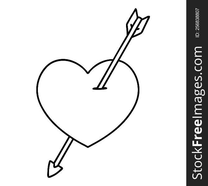 tattoo in black line style of an arrow and heart. tattoo in black line style of an arrow and heart