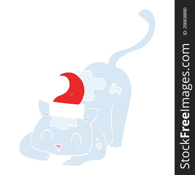 Flat Color Illustration Of A Cartoon Cat Wearing Christmas Hat