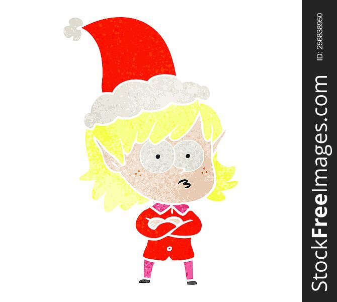 Retro Cartoon Of A Elf Girl Staring Wearing Santa Hat