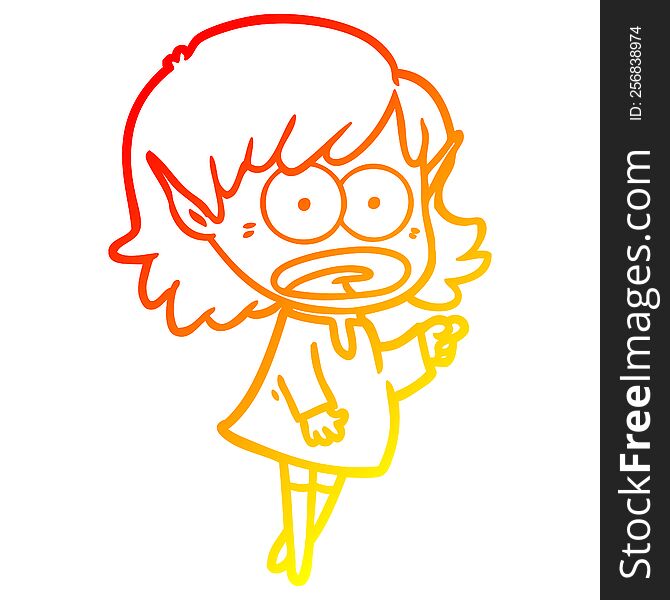 Warm Gradient Line Drawing Cartoon Shocked Elf Girl Pointing