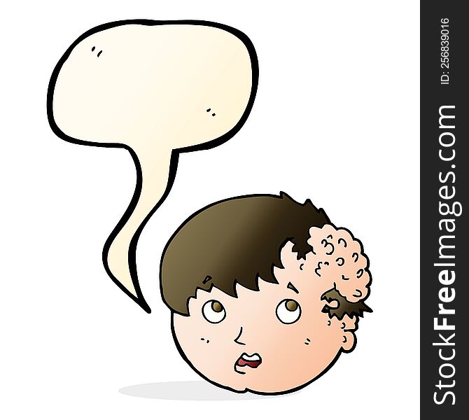 cartoon boy with ugly growth on head with speech bubble