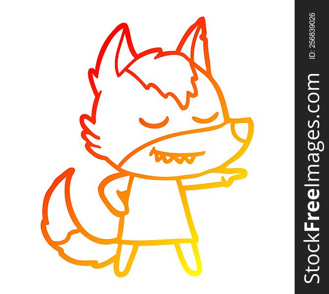 Warm Gradient Line Drawing Friendly Cartoon Wolf Girl Pointing