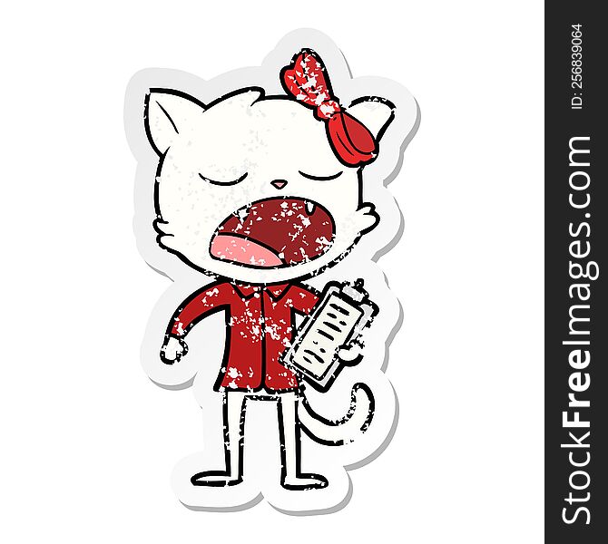 distressed sticker of a cartoon yawning cat