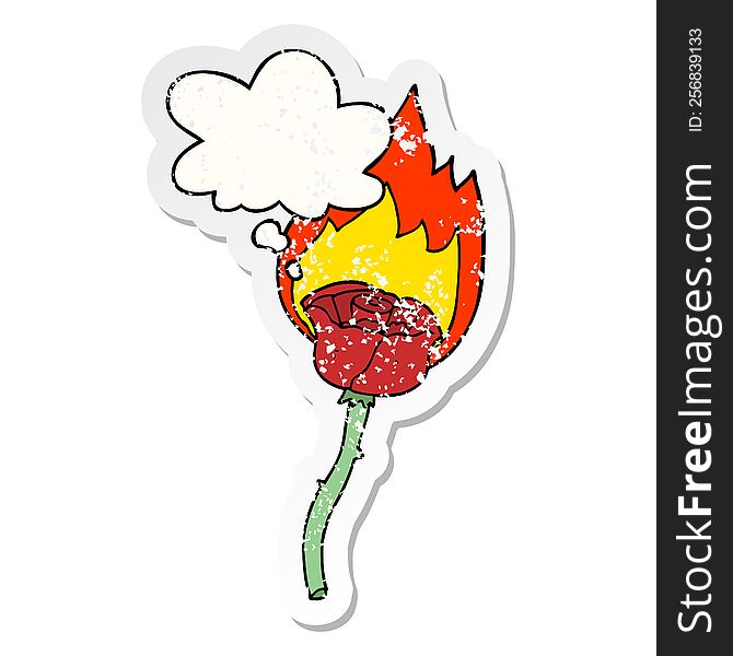 cartoon flaming rose with thought bubble as a distressed worn sticker