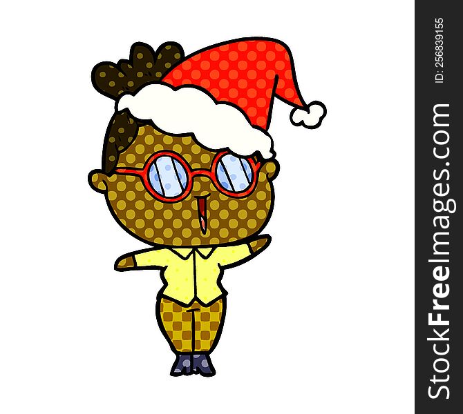 hand drawn comic book style illustration of a woman wearing spectacles wearing santa hat