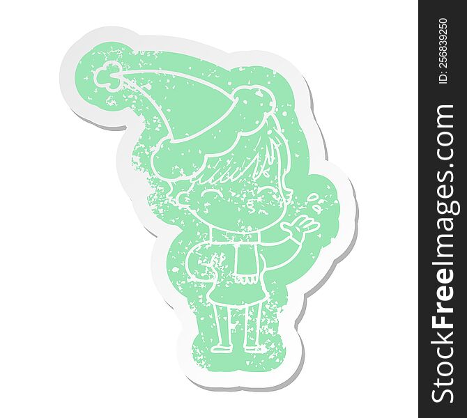 cartoon distressed sticker of a woman thinking wearing santa hat