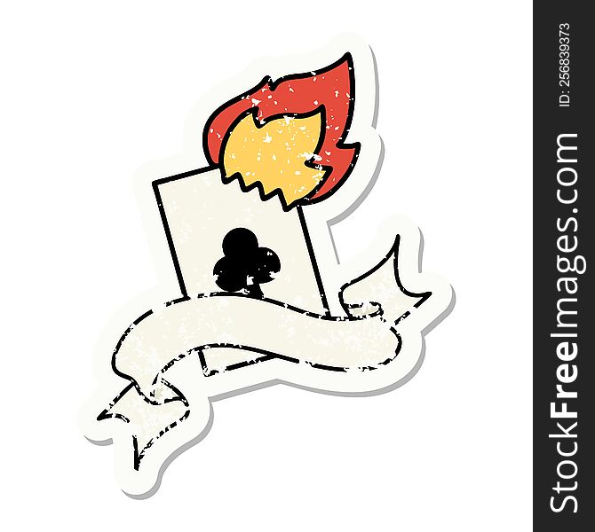 Grunge Sticker With Banner Of A Flaming Card