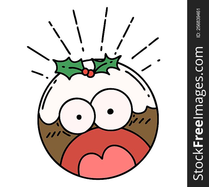 illustration of a traditional tattoo style shocked christmas pudding