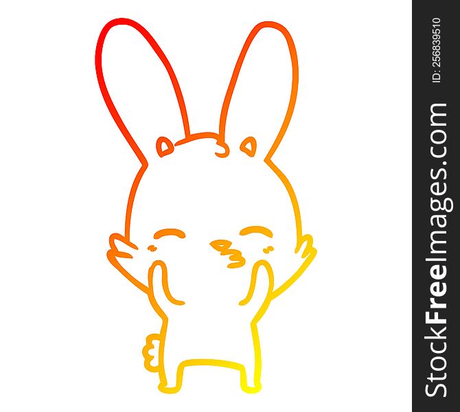 warm gradient line drawing of a curious waving bunny cartoon