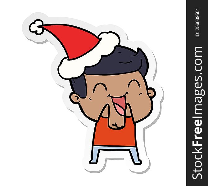 hand drawn sticker cartoon of a man laughing wearing santa hat