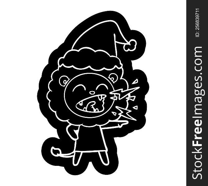 quirky cartoon icon of a roaring lion girl wearing santa hat