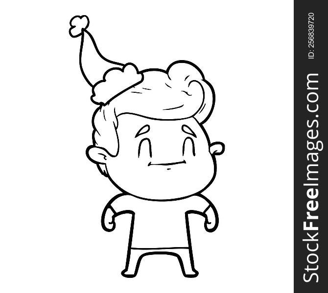 happy hand drawn line drawing of a man wearing santa hat. happy hand drawn line drawing of a man wearing santa hat