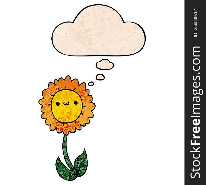 cartoon flower with thought bubble in grunge texture style. cartoon flower with thought bubble in grunge texture style