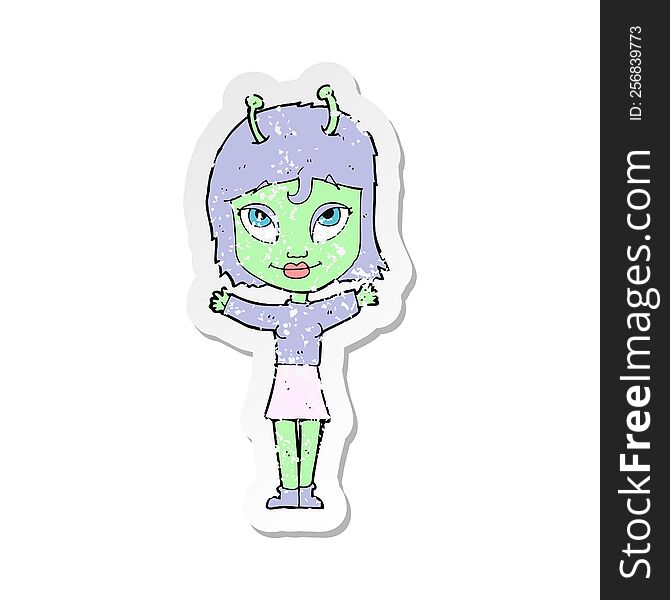 Retro Distressed Sticker Of A Cartoon Alien Girl
