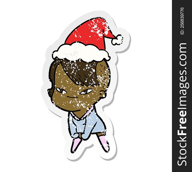 cute hand drawn distressed sticker cartoon of a girl with hipster haircut wearing santa hat