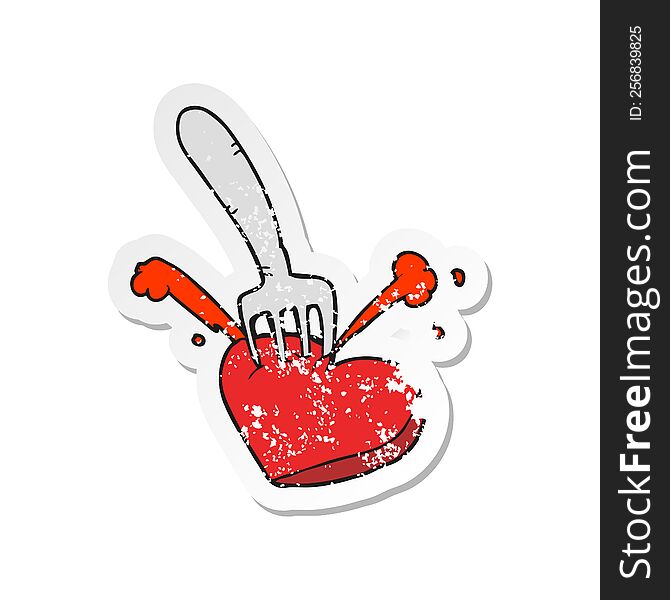 retro distressed sticker of a cartoon heart stabbed by fork