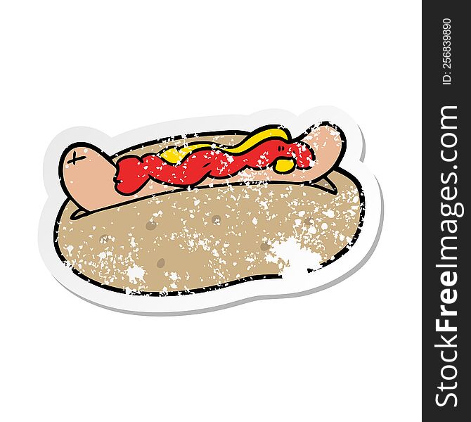 distressed sticker of a cartoon hotdog