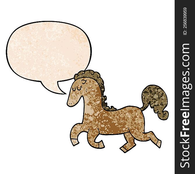 Cartoon Horse Running And Speech Bubble In Retro Texture Style