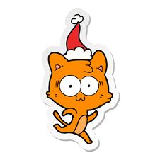 Sticker Cartoon Of A Surprised Cat Running Wearing Santa Hat Stock Photo