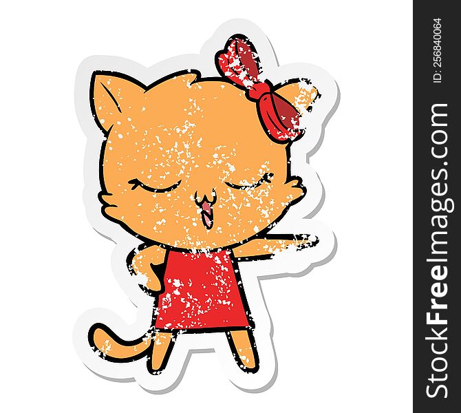 distressed sticker of a cartoon cat with bow on head