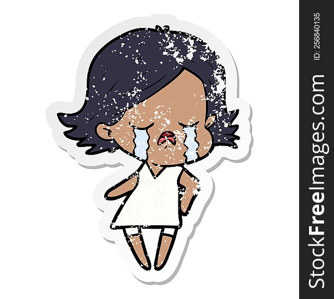 distressed sticker of a cartoon girl crying
