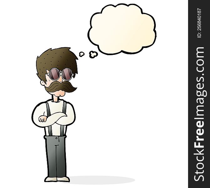 cartoon hipster man with mustache and spectacles with thought bubble