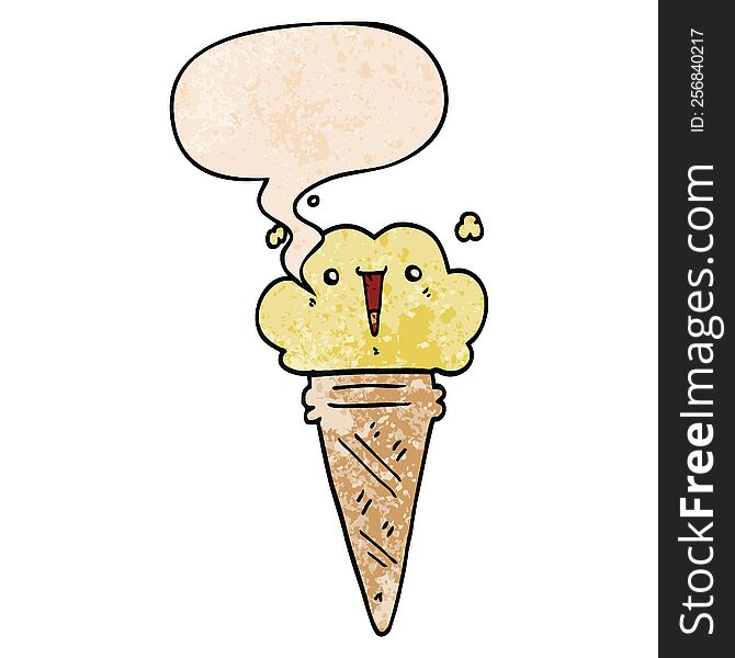 cartoon ice cream with face with speech bubble in retro texture style. cartoon ice cream with face with speech bubble in retro texture style
